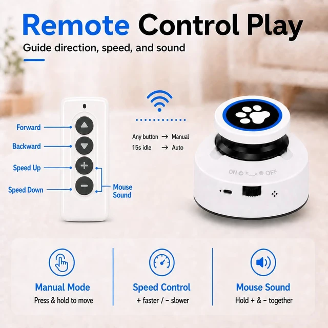 Alt view image 3 of 7 - Automatic Cat Toy for Indoor Cats with Remote Control, Interactive Cat Chase Toy with Moving Feather Lure, DIY Floor Route Kit with Mouse Sound, Rechargeable Self-Play Toy