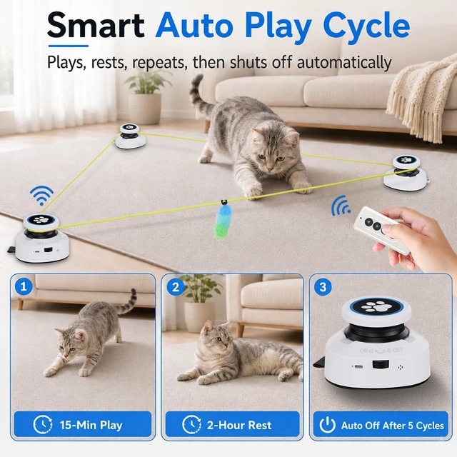 Alt view image 2 of 7 - Automatic Cat Toy for Indoor Cats with Remote Control, Interactive Cat Chase Toy with Moving Feather Lure, DIY Floor Route Kit with Mouse Sound, Rechargeable Self-Play Toy