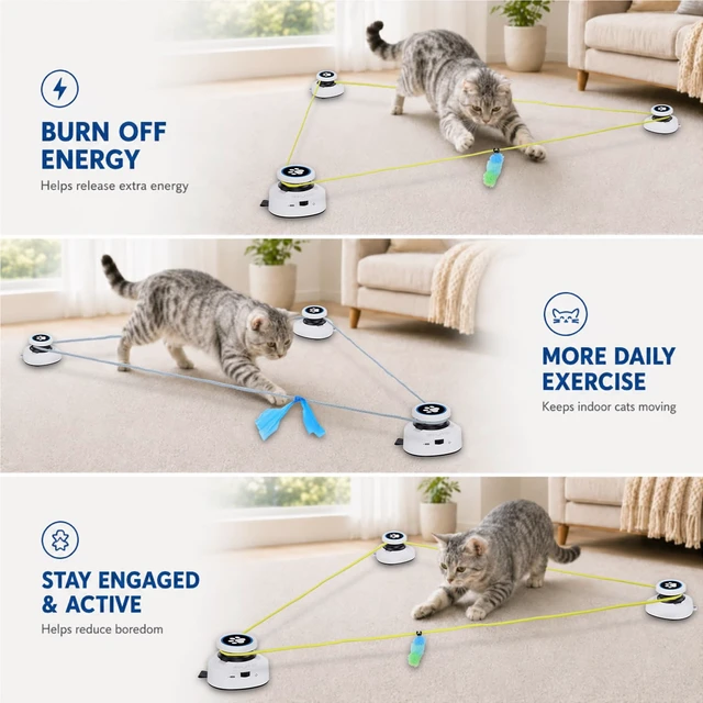 Alt view image 4 of 7 - Automatic Cat Toy for Indoor Cats with Remote Control, Interactive Cat Chase Toy with Moving Feather Lure, DIY Floor Route Kit with Mouse Sound, Rechargeable Self-Play Toy