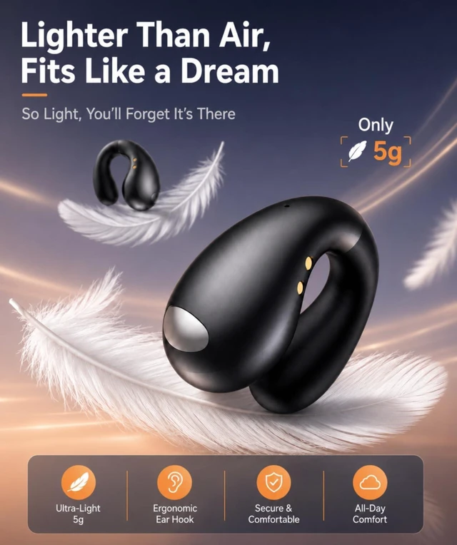 Alt view image 4 of 7 - Ultra Open Ear Earbuds - Comfort Clip On Earbuds, Wireless Bone Headphones Design for Long Listening, Fast Charging for Running, Sports, and Travel, Graphite Black