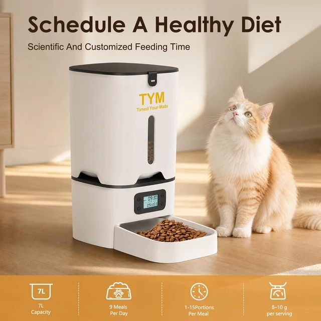 Alt view image 2 of 7 - Cat Feeder 7L, 9 Meals/Day Food Dispenser for Cats Small Dog Pet | Large Capacity | NO APP | Programmable Timer | Weight / Diet Control | Stainless Steel Bowl | Fresh Food | Dual Power Supply