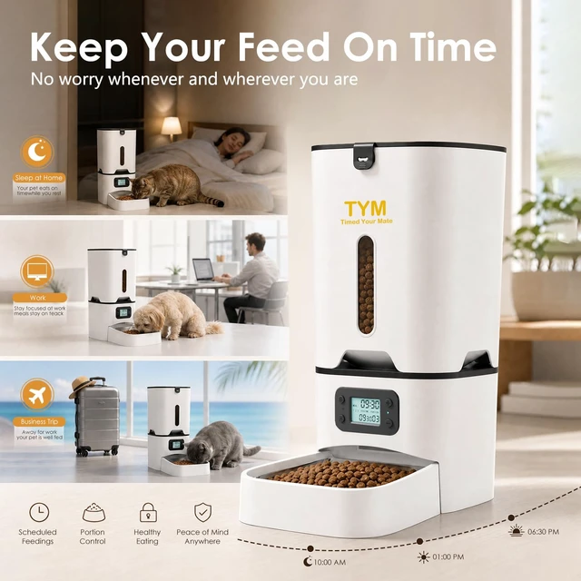 Alt view image 3 of 7 - Cat Feeder 7L, 9 Meals/Day Food Dispenser for Cats Small Dog Pet | Large Capacity | NO APP | Programmable Timer | Weight / Diet Control | Stainless Steel Bowl | Fresh Food | Dual Power Supply