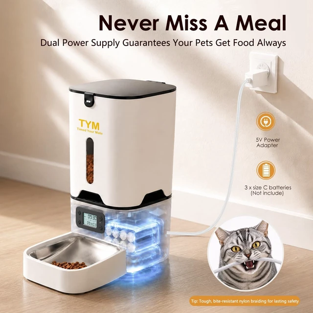 Alt view image 6 of 7 - Cat Feeder 7L, 9 Meals/Day Food Dispenser for Cats Small Dog Pet | Large Capacity | NO APP | Programmable Timer | Weight / Diet Control | Stainless Steel Bowl | Fresh Food | Dual Power Supply