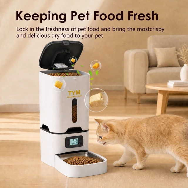 Alt view image 7 of 7 - Cat Feeder 7L, 9 Meals/Day Food Dispenser for Cats Small Dog Pet | Large Capacity | NO APP | Programmable Timer | Weight / Diet Control | Stainless Steel Bowl | Fresh Food | Dual Power Supply