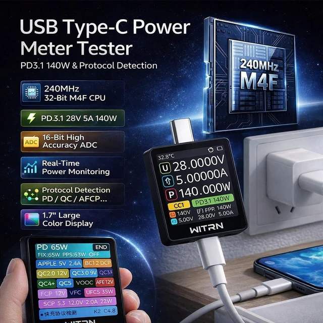 Alt view image 3 of 6 - K2 USB Voltage & Current Meter Type-C 24P Through-Mode, PD3.1/EPR 28 V Protocol Detection, Color IPS Screen, 3.3-48V/0-6A (10A Peak) Measurement, USB-C Charger & Cable Tester (K2B)