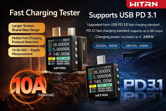 Alt view image 4 of 6 - K2 USB Voltage & Current Meter Type-C 24P Through-Mode, PD3.1/EPR 28 V Protocol Detection, Color IPS Screen, 3.3-48V/0-6A (10A Peak) Measurement, USB-C Charger & Cable Tester (K2B)