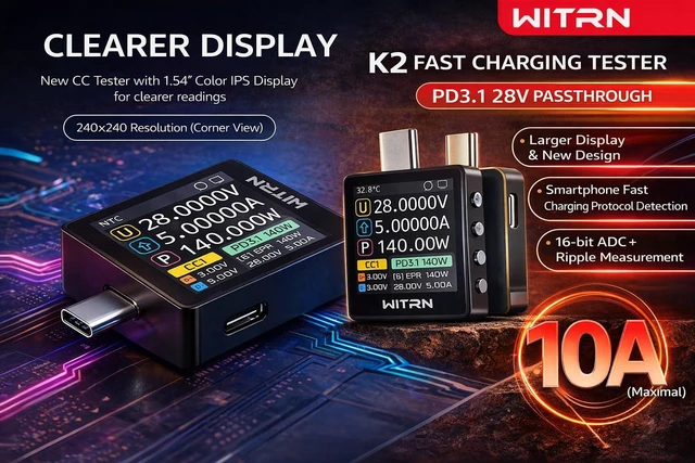 Alt view image 6 of 6 - K2 USB Voltage & Current Meter Type-C 24P Through-Mode, PD3.1/EPR 28 V Protocol Detection, Color IPS Screen, 3.3-48V/0-6A (10A Peak) Measurement, USB-C Charger & Cable Tester (K2B)