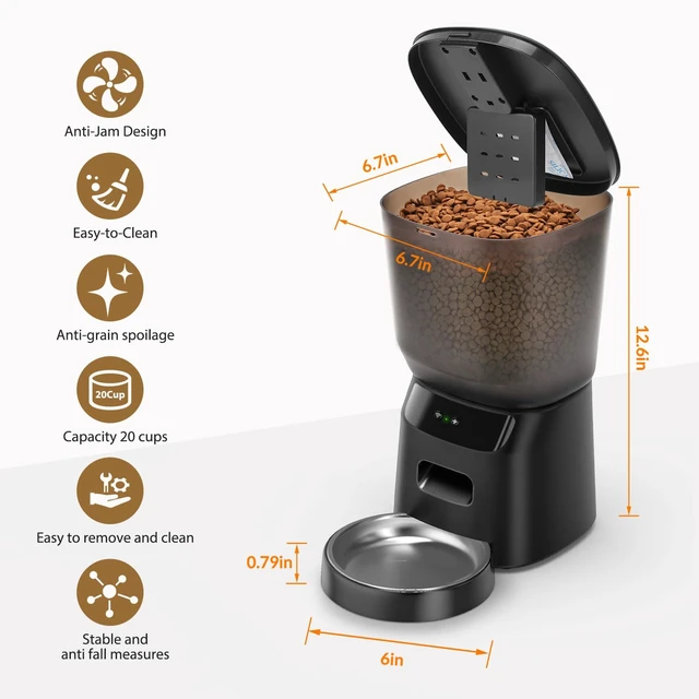 Alt view image 5 of 6 - Automatic Cat Feeder WiFi, 5L Pet Feeder with App Control, 10 Meals Daily, 20 Portion Sizes, Timed Automatic Cat Food Dispenser, Stainless Steel Bowl, Dual Power Supply, Dry Food Feeder for Cats