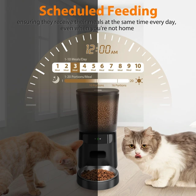 Alt view image 3 of 6 - Automatic Cat Feeder WiFi, 5L Pet Feeder with App Control, 10 Meals Daily, 20 Portion Sizes, Timed Automatic Cat Food Dispenser, Stainless Steel Bowl, Dual Power Supply, Dry Food Feeder for Cats