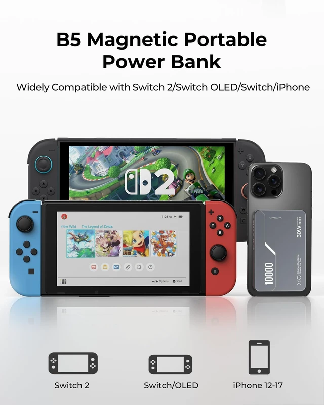 Alt view image 5 of 7 - B5 Magnetic Power Bank 10000mAh for Nintendo Switch 2 2025, 30W PD Fast Charging Portable Battery Pack for Switch/OLED/iPhone 12-17, 3.5-8H Extended Playtime, 2 Removable Clips & 2 USB-C Cables