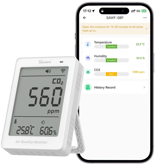 Main image of AirGuard SAWF-08P, Smart Indoor Air Quality Monitor, Matter Compatible, 2.4GHz WiFi, Carbon Dioxide/Temp/Humidity Monitor, Real-Time Display & Notification, for Indoor Use