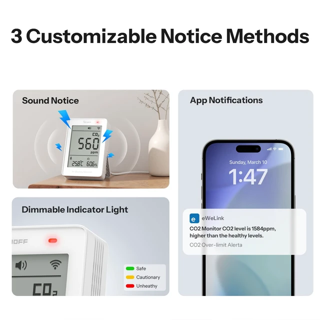 Alt view image 5 of 7 - AirGuard SAWF-08P, Smart Indoor Air Quality Monitor, Matter Compatible, 2.4GHz WiFi, Carbon Dioxide/Temp/Humidity Monitor, Real-Time Display & Notification, for Indoor Use