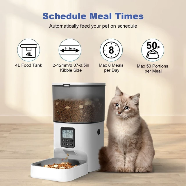Alt view image 2 of 7 - Automatic Cat Feeder, 4L Cat Food Dispenser with 10s Voice Recorder, Pet Feeder up to 8 Meals per Day, Timed Dog Feeder with Dry Food Sealed Ring