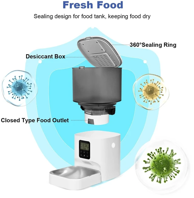 Alt view image 3 of 7 - Automatic Cat Feeder, 4L Cat Food Dispenser with 10s Voice Recorder, Pet Feeder up to 8 Meals per Day, Timed Dog Feeder with Dry Food Sealed Ring
