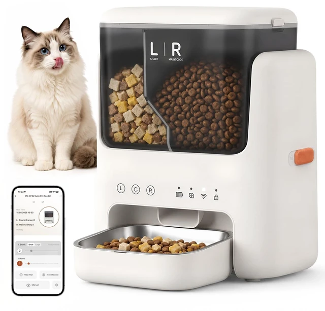 Main image of Automatic Cat Feeder, Dual Hopper for Meals & Treats, App Control | Two dry food choices, app feeding plans, 5L capacity, removable bowl, and backup power option for indoor feeding.