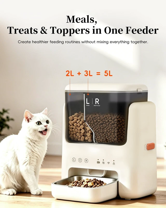 Alt view image 2 of 7 - Automatic Cat Feeder, Dual Hopper for Meals & Treats, App Control | Two dry food choices, app feeding plans, 5L capacity, removable bowl, and backup power option for indoor feeding.