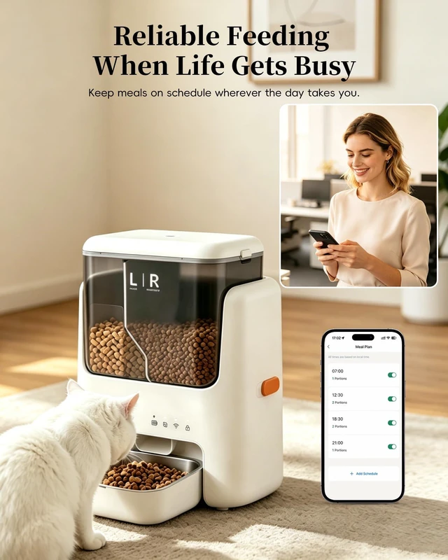 Alt view image 3 of 7 - Automatic Cat Feeder, Dual Hopper for Meals & Treats, App Control | Two dry food choices, app feeding plans, 5L capacity, removable bowl, and backup power option for indoor feeding.