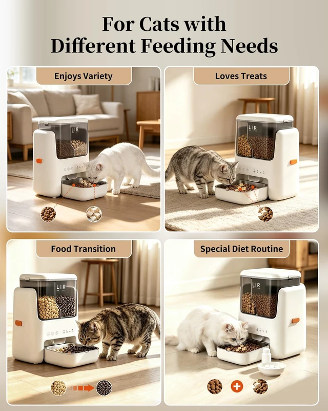 Alt view image 4 of 7 - Automatic Cat Feeder, Dual Hopper for Meals & Treats, App Control | Two dry food choices, app feeding plans, 5L capacity, removable bowl, and backup power option for indoor feeding.