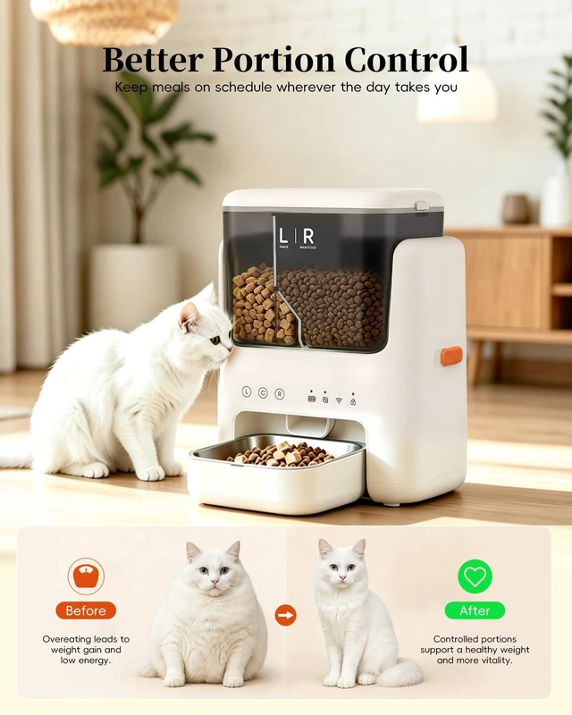 Alt view image 5 of 7 - Automatic Cat Feeder, Dual Hopper for Meals & Treats, App Control | Two dry food choices, app feeding plans, 5L capacity, removable bowl, and backup power option for indoor feeding.