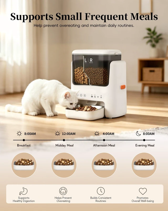 Alt view image 6 of 7 - Automatic Cat Feeder, Dual Hopper for Meals & Treats, App Control | Two dry food choices, app feeding plans, 5L capacity, removable bowl, and backup power option for indoor feeding.