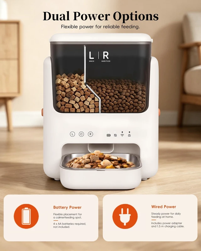 Alt view image 7 of 7 - Automatic Cat Feeder, Dual Hopper for Meals & Treats, App Control | Two dry food choices, app feeding plans, 5L capacity, removable bowl, and backup power option for indoor feeding.