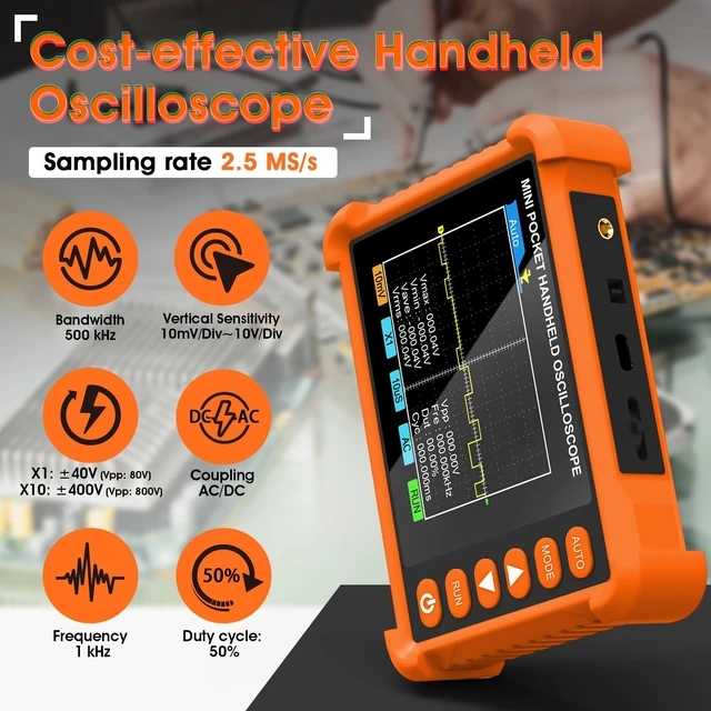 Alt view image 3 of 7 - Digital Oscilloscope 500 kHz, Compact Handheld Design, 2.8" LCD Display, AUTO/Normal/Single Trigger Modes, ±400V Input (X10), for Circuit Debugging & DIY Electronics
