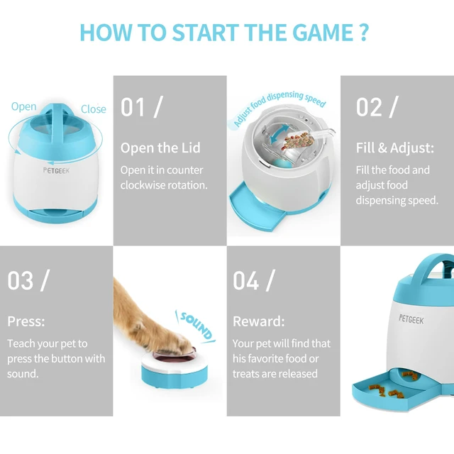 Alt view image 5 of 7 - Automatic Dog Treat Dispenser with Button - Puzzle Memory Training Feeder, Pet Geek Button Treat Food Dispensing Toys Interactive, Iq Training Dog Feeder (Blue)