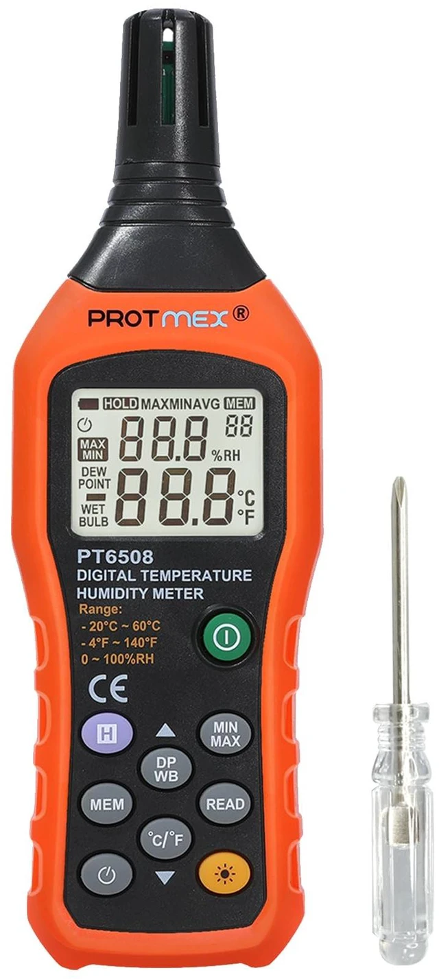 Main image of Digital Temperature Humidity Meter, Thermometer Hygrometer with Ambient Dew Point and Wet Bulb Temperature Indoor and Outdoor, Data Logger with Min/Max Hold, LCD Backlight, PT6508