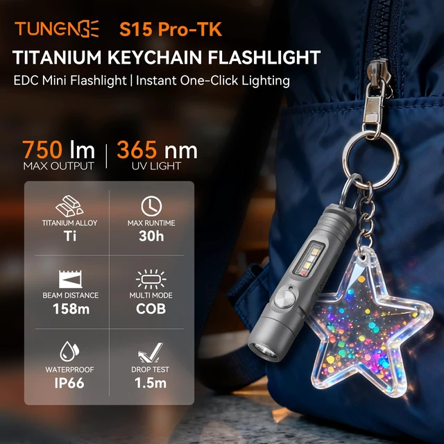 Alt view image 2 of 7 - S15PRO-TK Rechargeable EDC Keychain Flashlight,750Lm Mini Light & COB | Screwdriver Tail,Quick-Release, Titanium,Compact, Pocket, 365nm UV, IP66, Work, Repair, Detect Bills-Stains, Outdoor