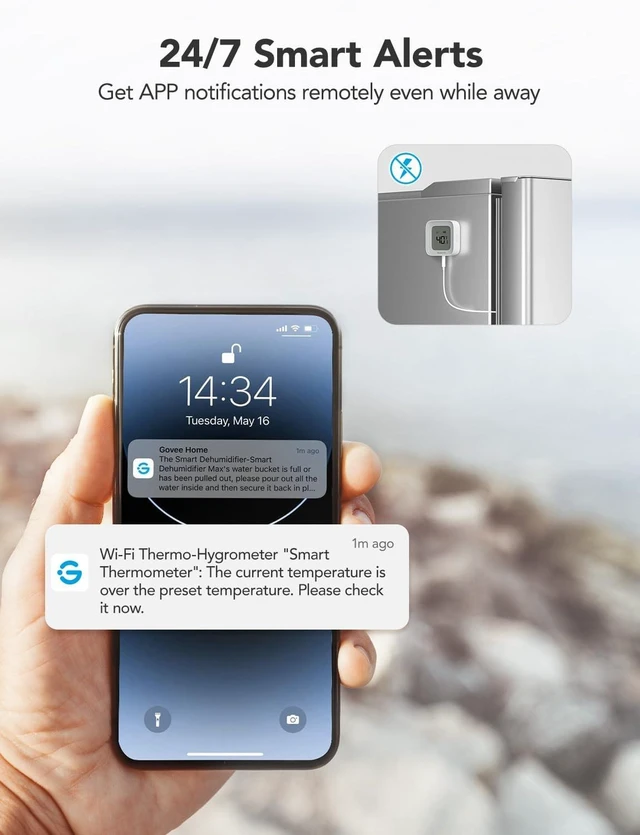 Alt view image 2 of 7 - WiFi Refrigerator Thermometer 2-Pack with Gateway & LCD Display | Freezer alarm fridge monitor with app alerts & anti-false, 197ft range, 2-yr data export. For freezer/fish tank/hot tub