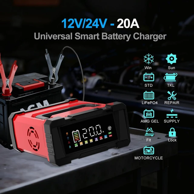 Alt view image 3 of 7 - Battery Charger 20-Amp 12V/24V Smart Trickle Charger for Car - Battery Maintainer Trickle Charger, and Car Battery Charger Heavy Duty with Temperature Compensation for Automotive Truck Motorcycle