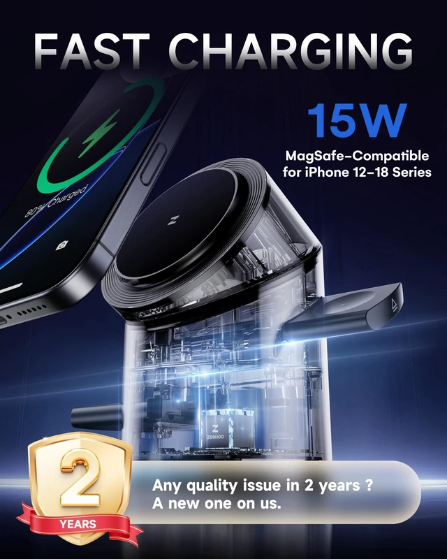 Alt view image 2 of 7 - 3 in 1 Charging Station for Apple Devices, Mag-Safe Charger Stand, 15W Auto-Rotating Wireless Charger for iPhone 18 Pro/Duo/17 16/15/14/13/12 Series& AirPods& iWatch(Black)