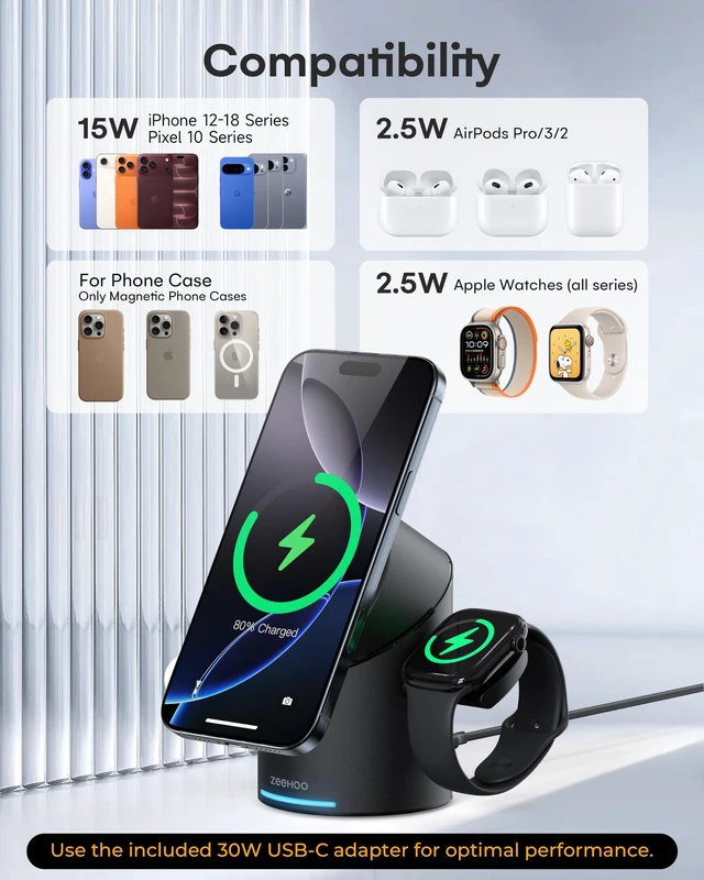 Alt view image 6 of 7 - 3 in 1 Charging Station for Apple Devices, Mag-Safe Charger Stand, 15W Auto-Rotating Wireless Charger for iPhone 18 Pro/Duo/17 16/15/14/13/12 Series& AirPods& iWatch(Black)
