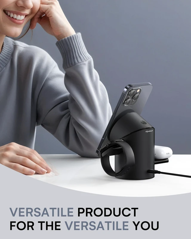 Alt view image 7 of 7 - 3 in 1 Charging Station for Apple Devices, Mag-Safe Charger Stand, 15W Auto-Rotating Wireless Charger for iPhone 18 Pro/Duo/17 16/15/14/13/12 Series& AirPods& iWatch(Black)