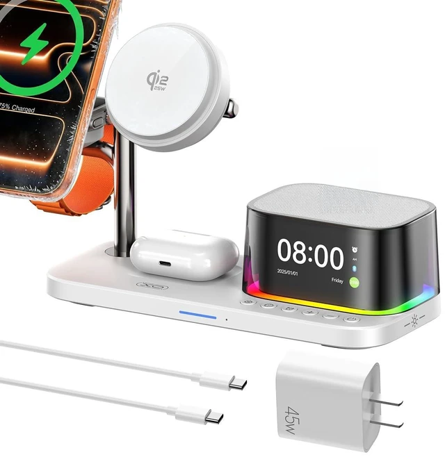 Main image of Charging Station for Apple Device 25W Fast Charging+Cooling Fan 5in1 Magnetic Wireless Charger with Speaker and Alarm Compatible with MagSafe for iPhone/Watch/AirPod (45W Adapters Included)