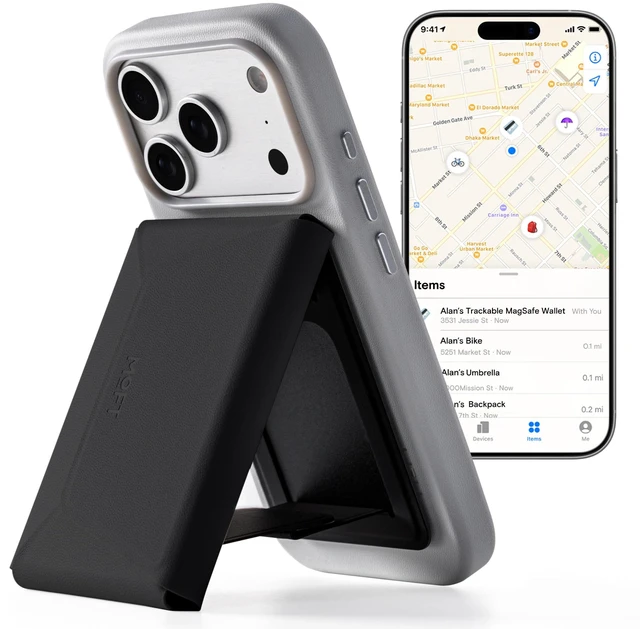 Main image of Trackable Field Wallet & Stand, Magsafe Phone Wallet, Jet Black | Apple Find My & Google Find Hub Integration | Holds 8 Cards | MOVAS Leather | Pull-to-Access | Travel Essential | Best Gift