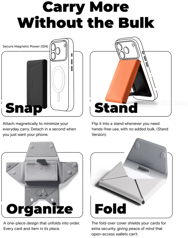 Alt view image 7 of 7 - Trackable Field Wallet & Stand, Magsafe Phone Wallet, Jet Black | Apple Find My & Google Find Hub Integration | Holds 8 Cards | MOVAS Leather | Pull-to-Access | Travel Essential | Best Gift