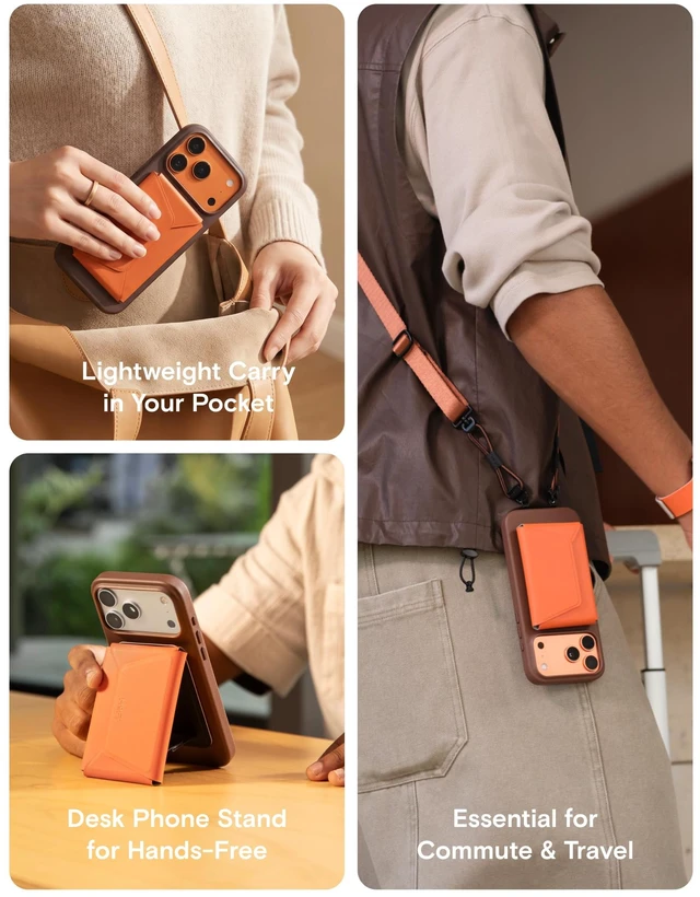 Alt view image 6 of 7 - Trackable Field Wallet & Stand, Magsafe Phone Wallet, Jet Black | Apple Find My & Google Find Hub Integration | Holds 8 Cards | MOVAS Leather | Pull-to-Access | Travel Essential | Best Gift