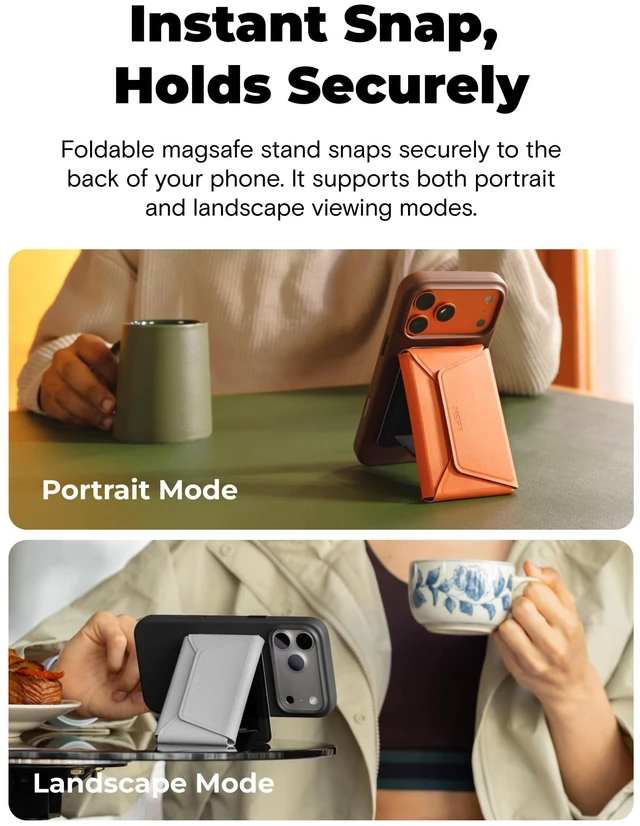 Alt view image 5 of 7 - Trackable Field Wallet & Stand, Magsafe Phone Wallet, Jet Black | Apple Find My & Google Find Hub Integration | Holds 8 Cards | MOVAS Leather | Pull-to-Access | Travel Essential | Best Gift