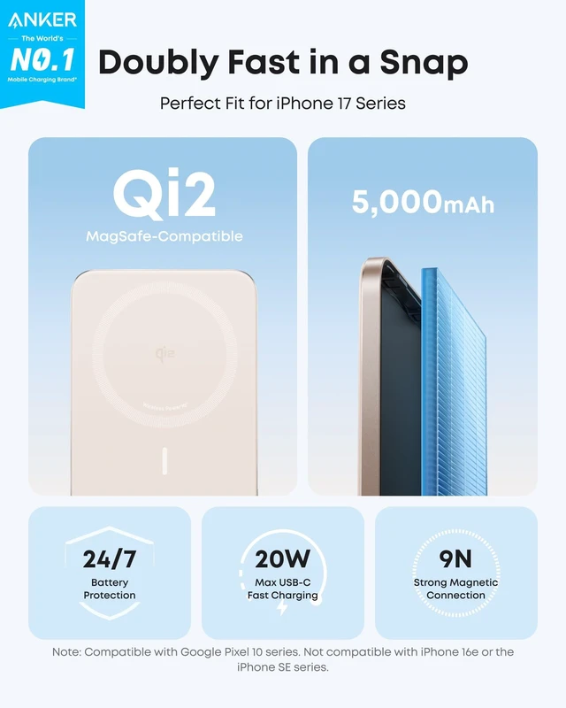 Alt view image 2 of 6 - Nano Magnetic Power Bank, 5,000mAh Qi2-Certified 15W Portable Charger | Ultra-Slim Travel Essentials: 0.34 in, Qi2 15W MagSafe-Compatible Battery Pack for iPhone 17/16/15 Series and More