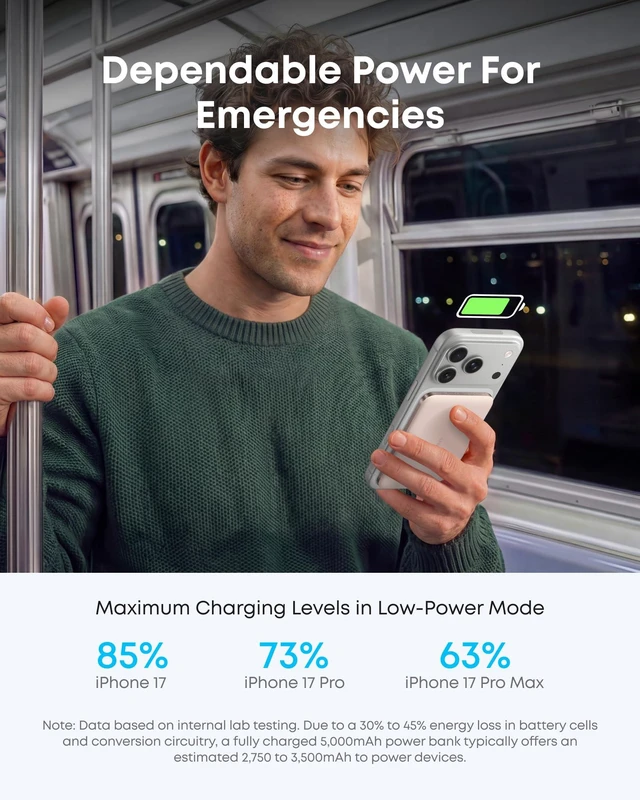 Alt view image 6 of 6 - Nano Magnetic Power Bank, 5,000mAh Qi2-Certified 15W Portable Charger | Ultra-Slim Travel Essentials: 0.34 in, Qi2 15W MagSafe-Compatible Battery Pack for iPhone 17/16/15 Series and More