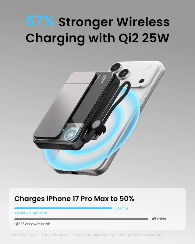 Alt view image 2 of 7 - for MagSafe Power Bank Qi2.2 25W 10000mAh Magnetic Portable Charger | ICEMAG 3 35W USB-C Charging with Active Cooling& Built-in Cable, Transparent Design, Wireless Battery Pack for iPhone 18 Pro