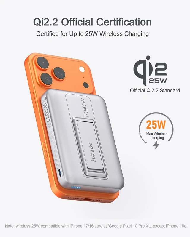 Alt view image 3 of 7 - Qi2.2 25W Wireless Power Bank 10,000mAh, Magnetic Charger for MagSafe | 45W USB-C Fast Charging, Foldable Stand, 0.58" Slim Alloy, Portable Battery Pack for iPhone Duo/18 Pro Max/17/16/15/14/13/12