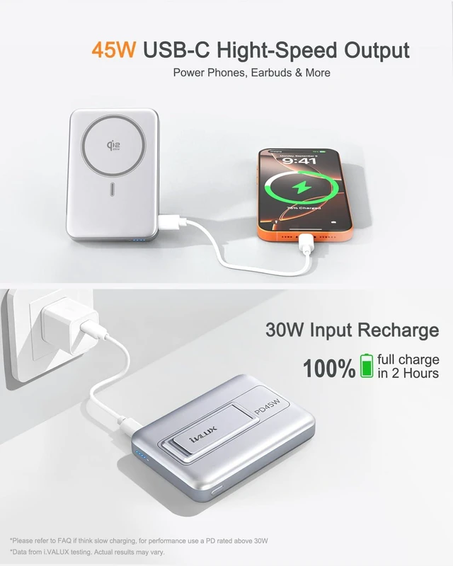 Alt view image 4 of 7 - Qi2.2 25W Wireless Power Bank 10,000mAh, Magnetic Charger for MagSafe | 45W USB-C Fast Charging, Foldable Stand, 0.58" Slim Alloy, Portable Battery Pack for iPhone Duo/18 Pro Max/17/16/15/14/13/12