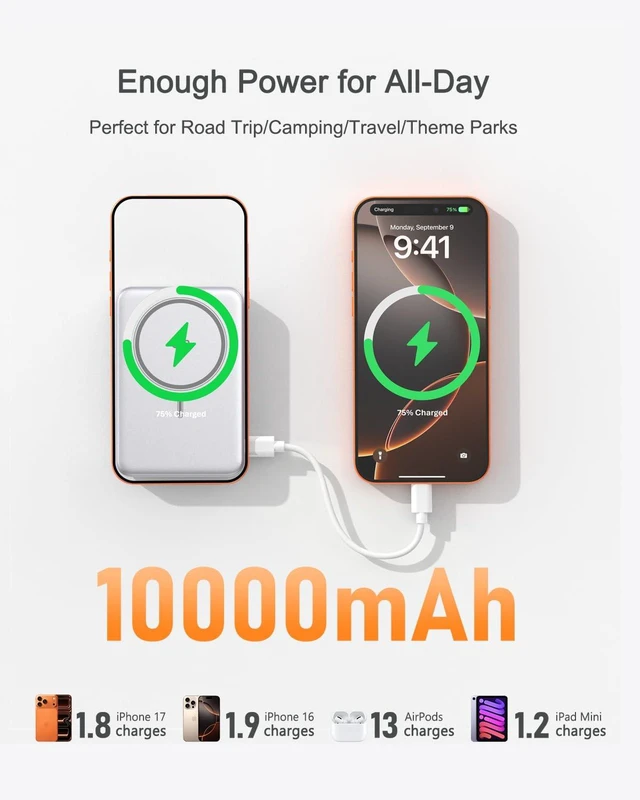 Alt view image 5 of 7 - Qi2.2 25W Wireless Power Bank 10,000mAh, Magnetic Charger for MagSafe | 45W USB-C Fast Charging, Foldable Stand, 0.58" Slim Alloy, Portable Battery Pack for iPhone Duo/18 Pro Max/17/16/15/14/13/12