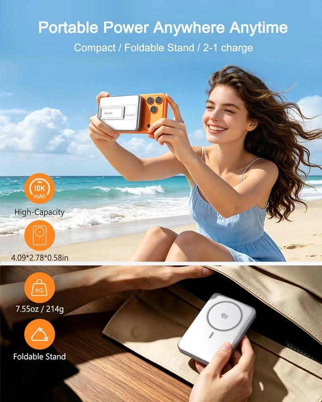 Alt view image 6 of 7 - Qi2.2 25W Wireless Power Bank 10,000mAh, Magnetic Charger for MagSafe | 45W USB-C Fast Charging, Foldable Stand, 0.58" Slim Alloy, Portable Battery Pack for iPhone Duo/18 Pro Max/17/16/15/14/13/12