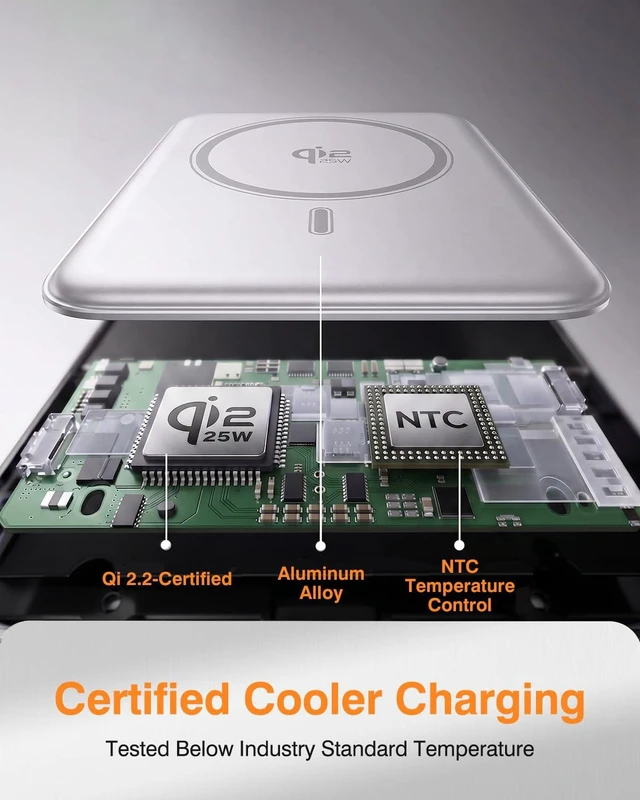 Alt view image 7 of 7 - Qi2.2 25W Wireless Power Bank 10,000mAh, Magnetic Charger for MagSafe | 45W USB-C Fast Charging, Foldable Stand, 0.58" Slim Alloy, Portable Battery Pack for iPhone Duo/18 Pro Max/17/16/15/14/13/12