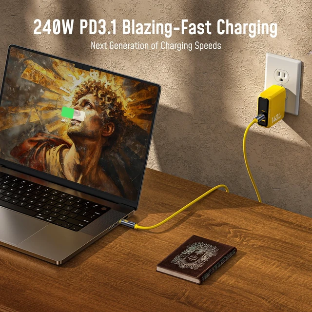 Alt view image 5 of 7 - USB4 2.0 Cable with LED Digital Display 3.3ft, 240W PD3.1 Fast Charging, 80Gbps Data Transfer, Dual 8K Display, The Adonis USB C Cable for MacBook Pro/iPhone 17 Pro Max/Galaxy/SSD/Docking,Yellow