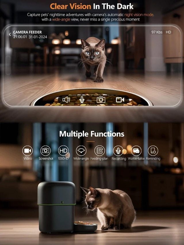 Alt view image 5 of 7 - Automatic Cat Feeder with Camera - 5G WiFi Auto Cat Food Dispenser, 1080P HD Video with Night Vision, 1-15 Meals, 1-99 Portions, 2-Way Audio, Keeps Food Fresh, Timed Pet Feeder Also for Dogs