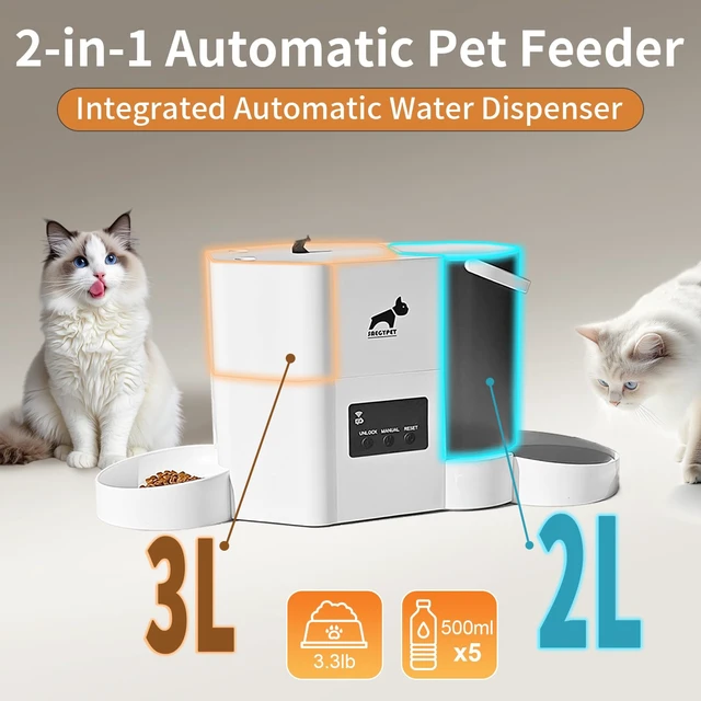 Alt view image 2 of 7 - Automatic Cat Feeder 2-in-1 Cat Feeder and Gravity-Fed Water System | 3L Food Tank & 2L Water Tank for Supports 5G/2.4GHz Dual-band WiFi APP Remote Control | Up to 10 Timed Feedings Per Day